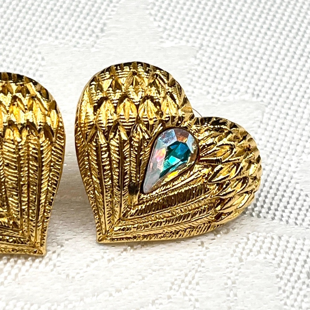 Kirks Folly Angel Wings Heart Earrings - Gold Tone & Crystal AB Rhinestones - Picture 3 of 8